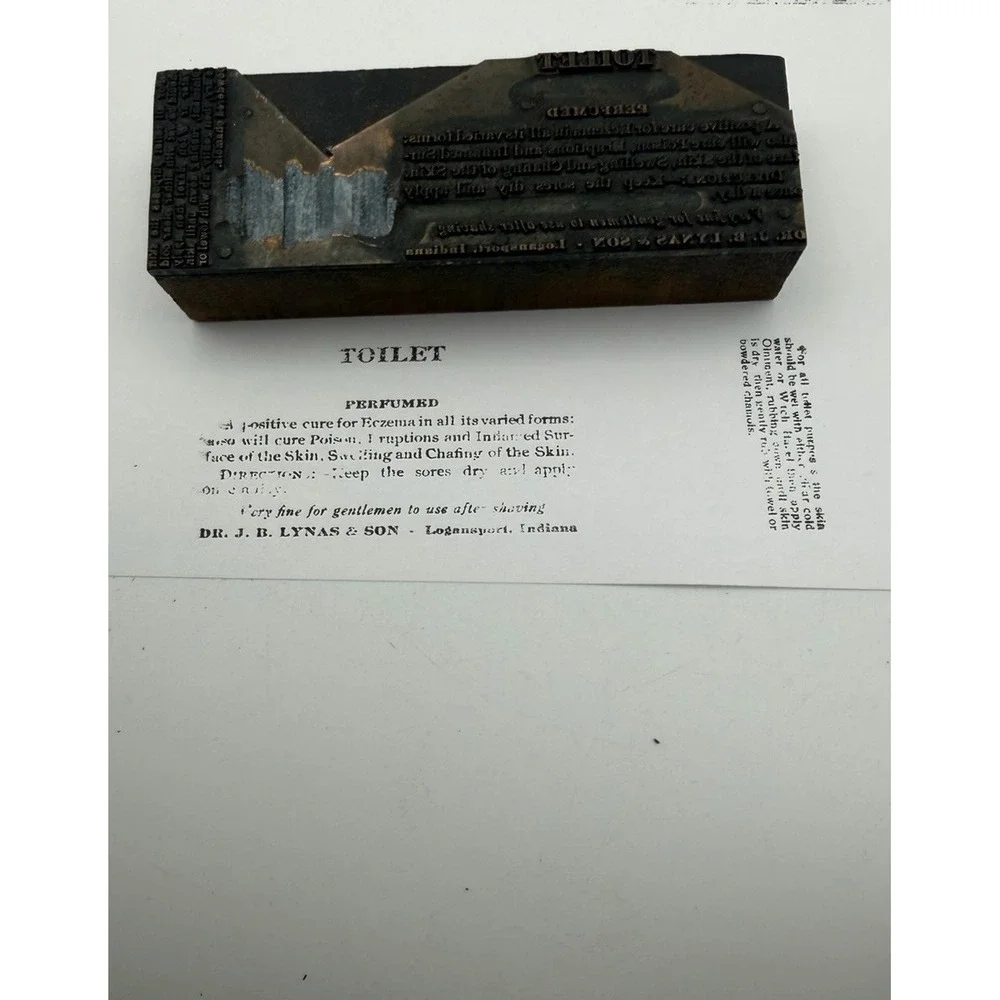 Antique Dr J B Lynas Toilet Perfumed Letterpress Printing Block Packaging Plate